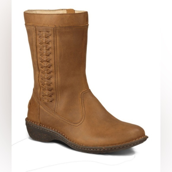 UGG Kaleen Chestnut Leather Sherpa Lined Mid Calf Boot Sz 8 - Picture 1 of 13